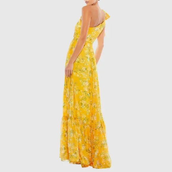 Mac Duggal 55427‎ Size 8 Yellow Green Floral One Shoulder Long Maxi Gown Dress